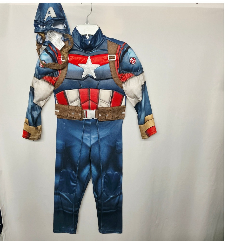 Disney Captain America Costume Kids 5/6 Blue Padded Sound Box Mask Marvel - Picture 2 of 16